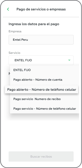 Paso 5 - Selecciona “Pago de servicio-Numero de télefono celular” e ingresa el número.