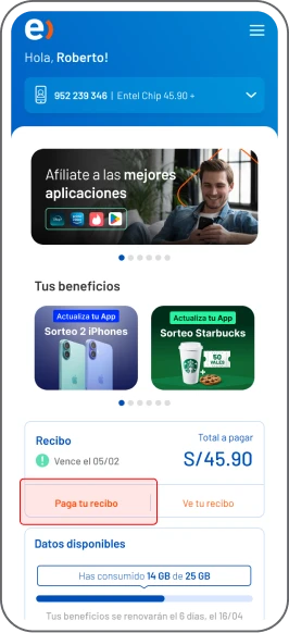 Paso 1 - Entra a tu app Mi Entel y busca el botón de “Paga tu recibo”.