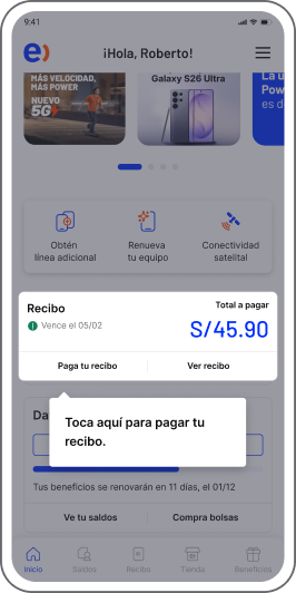 Paso 1 - Entra a tu app Mi Entel y busca el botón de “Paga tu recibo”.