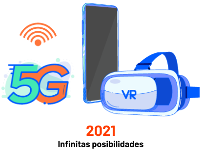 logo de 5G con  celular y headseat de Realidad Virtual