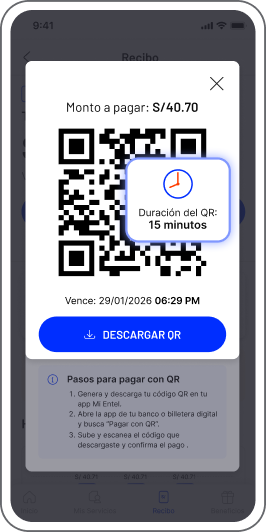 Paso 3 - Revisa el monto a pagar y selecciona “Descargar QR” para guardarlo en tu galería.