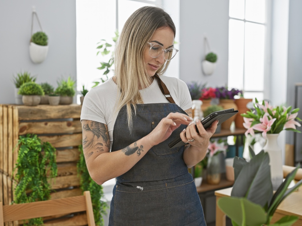 Mujer buscando cómo la fibra óptica puede potenciar su pyme. 